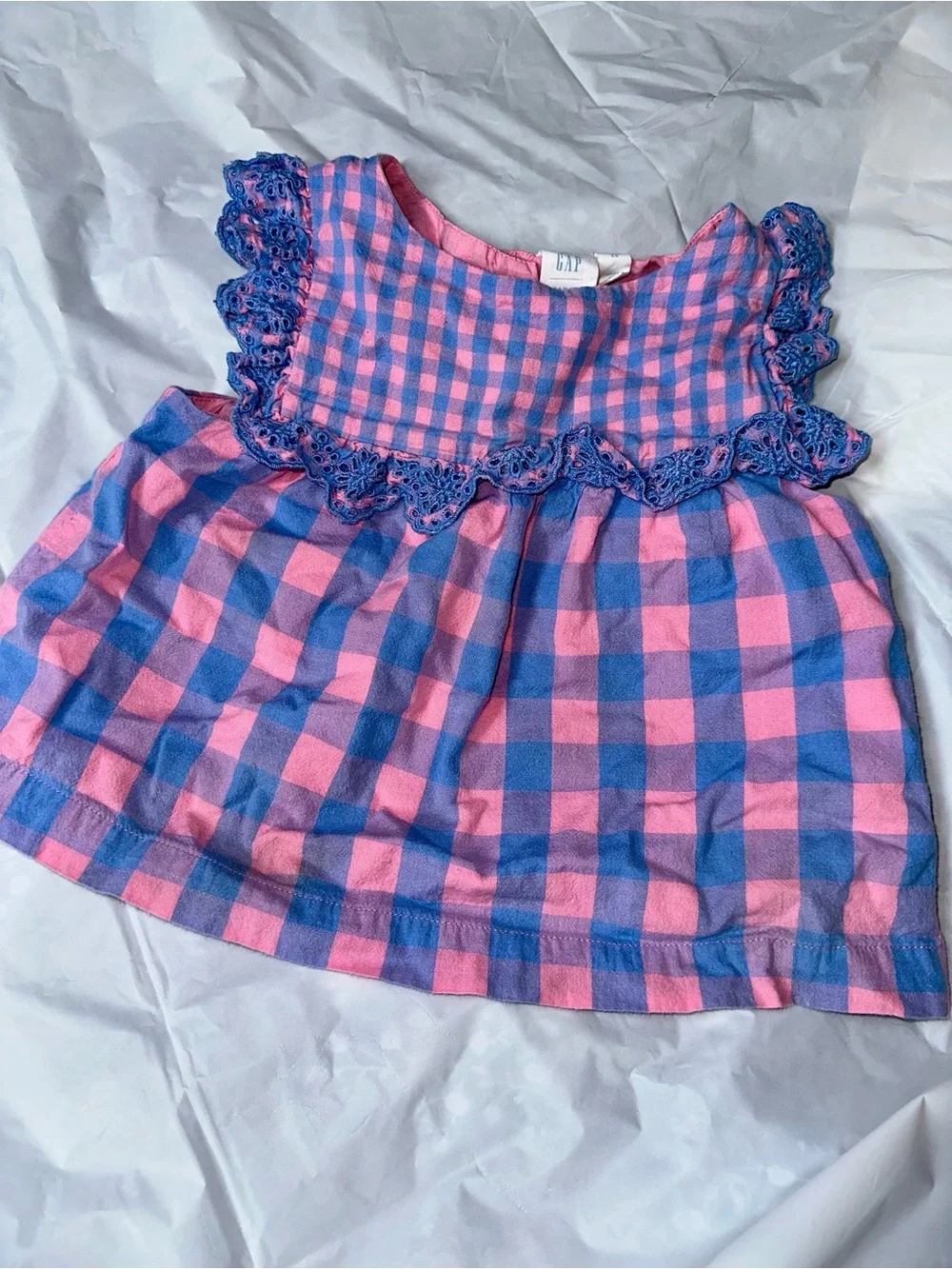 GAP Pink and Blue Gingham Ruffle Top